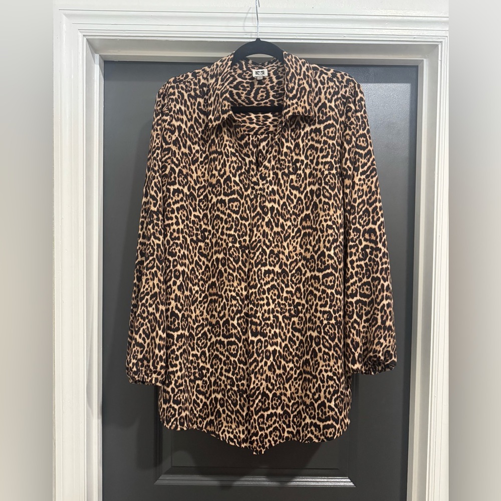 Anne Klein Leopard Print Button-Up Blouse - Black & Tan